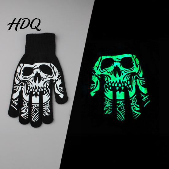 Funny Scary Party Costume Props Halloween Glow‑In‑The‑Dark Skeleton Knit Gloves Luminous Skull Bone Print Atmospheric Photo Full‑Finger