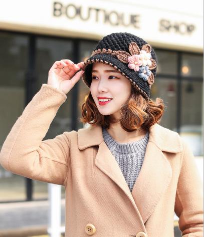 Knitted Hat Women S Autumn And Winter Wool Hat Classic Winter Women S Hat Flower Fleece-Lined Bucket Hat Mother Warm Winter Hat One Size