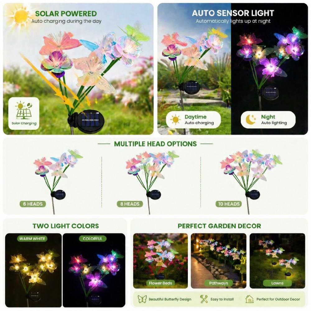 2PCs  Solar Butterfly Flower Stake Lights 10/8/6 Head 2 Modes Steady Flash Waterproof Outdoor Garden Yard DIY Decor Lamp