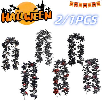 2/1PCS Black Artificial Roses Flower Garland Fake Halloween Hanging Floral Vines Fall Leaf Wreath for Halloween Decor Home Decor