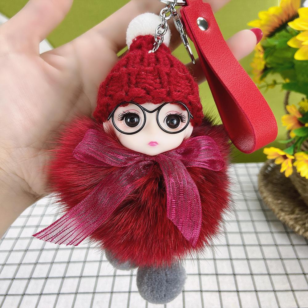 Pompom Sleeping Doll Keychain Cute Fluffy Plush Doll Keychains Women Girl Bags Keyrings Cars Key Ring Gift Charming Decoration