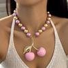 Pink Cherry Pendant Necklace for Women Sweet and Vibrant Style Clavicle Chain Exaggerated Fruit Charm Neckchain Jewelry