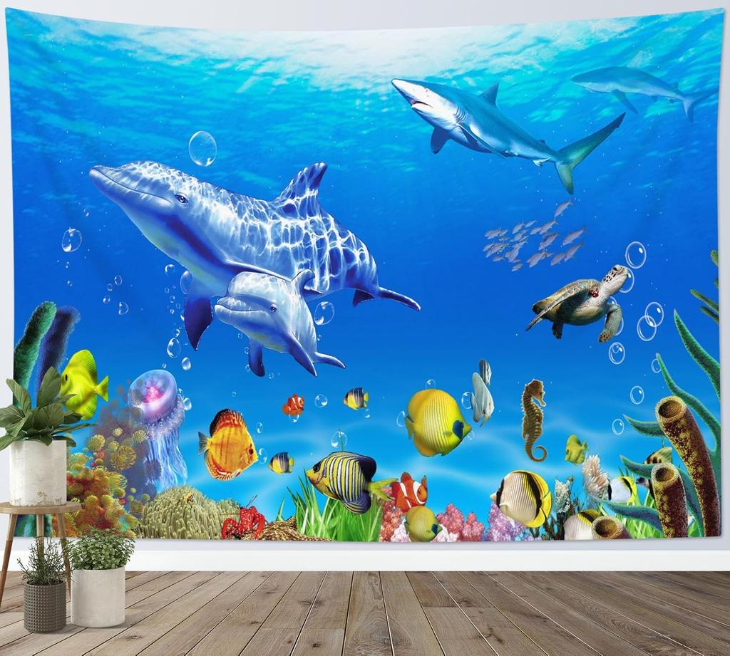 Sea Turtle Coral Reef Tapestry Blue Ocean Tropical Fish Underwater Wall Hanging for Bedroom Living Room Nature Decor