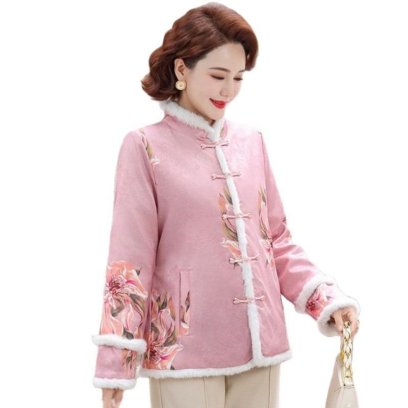 Women's velvet new cotton-padded coat printed jacket retro disc-buckled winter warm cotton-padded jacket thickened cotton-padded jacket