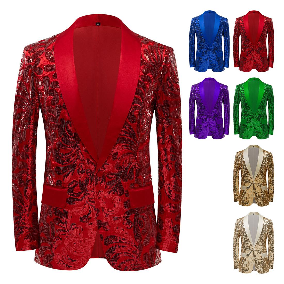 

PYJTRL Мужская мода атласный Face Sequin цветочный узор пиджак пиджак XS красный