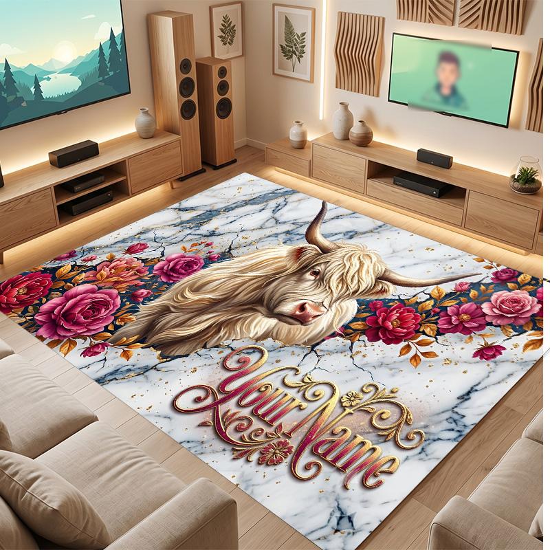 Highland Cow Theme Soft Crystal Velvet Rug Custom Name & Text Print Non Slip Floor Rug for Bedroom Living Room