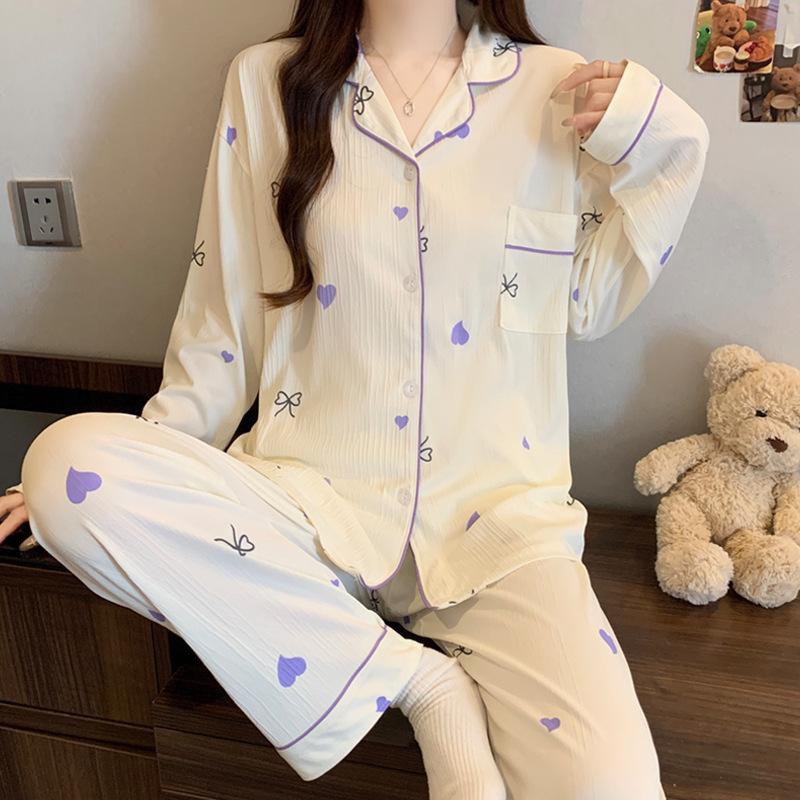 ins style girlish pajamas women's spring and autumn long-sleeved sweet bow full print casual loungewear set