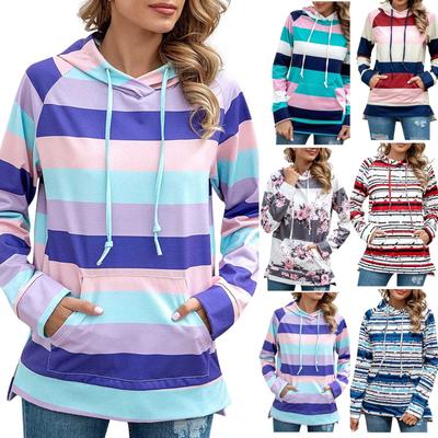 Damenmode Streifendruck Kordelzug Kapuze Langarm Sweatshirt Tops
