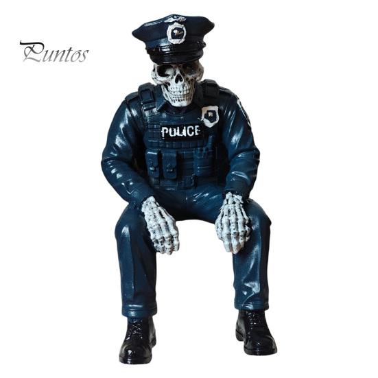 Dark Style Interior Decor Halloween Skeleton Ornament, Policeman/Military Resin Gothic Skull Figurine, Creative Crafts Sitting Pose Sculpture