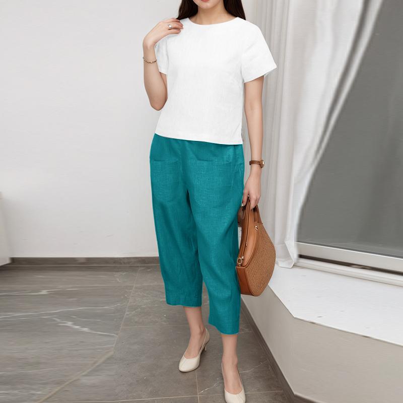 

ZANZEA Женская футболка с коротким рукавом и укороченные брюки Летние костюмы-двойки S зелёный