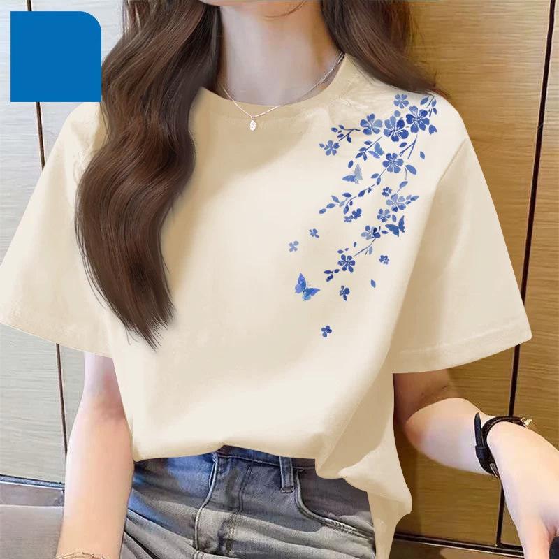 Women's Round Neck Short Sleeve Tee Loose Fit Japanese Korean Casual Top Blue Floral Butterfly Print Cotton Spring Summer Basic T Shirt