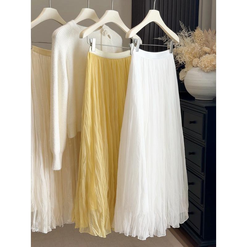Early spring new fashion temperament versatile high sense A word pleated skirt women's drape mesh fairy skirt medium length skirt