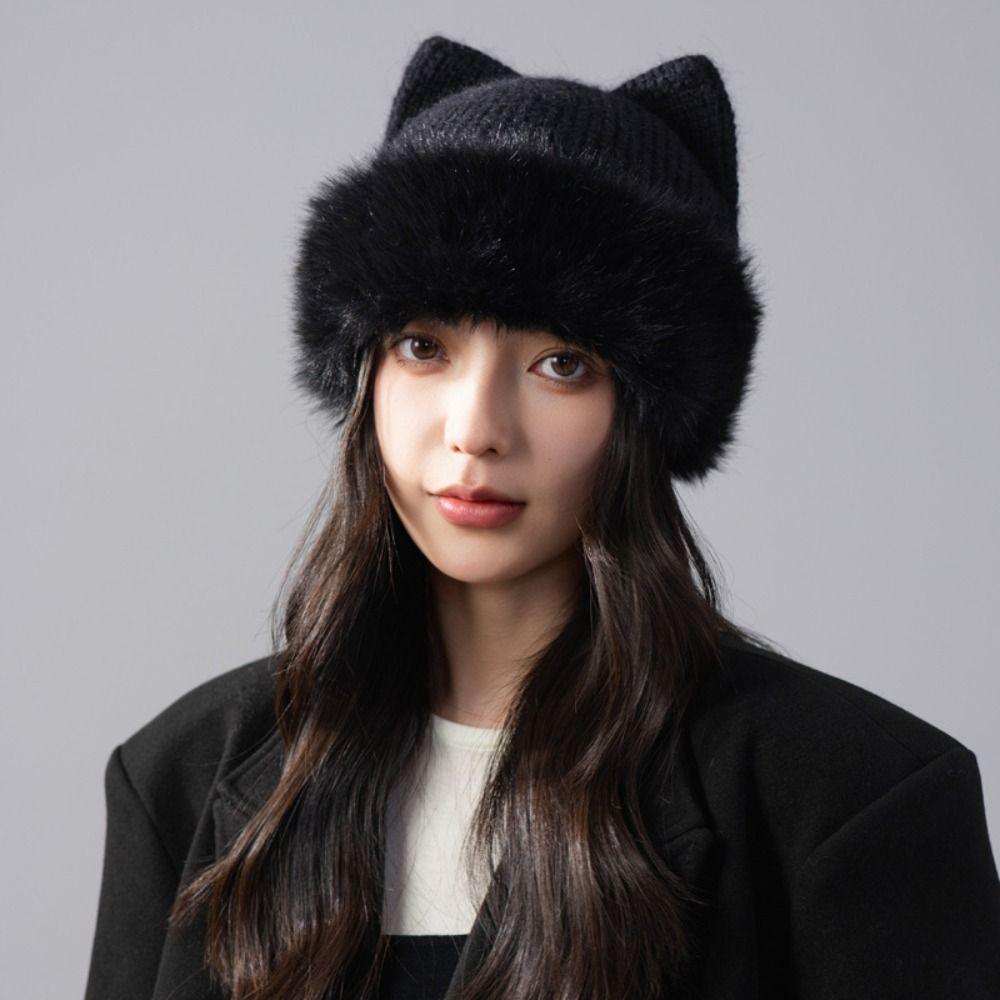 Plush Cat Ear Beanie Warm Pullover Hat Casual Knitted Winter Cap Winter Wear