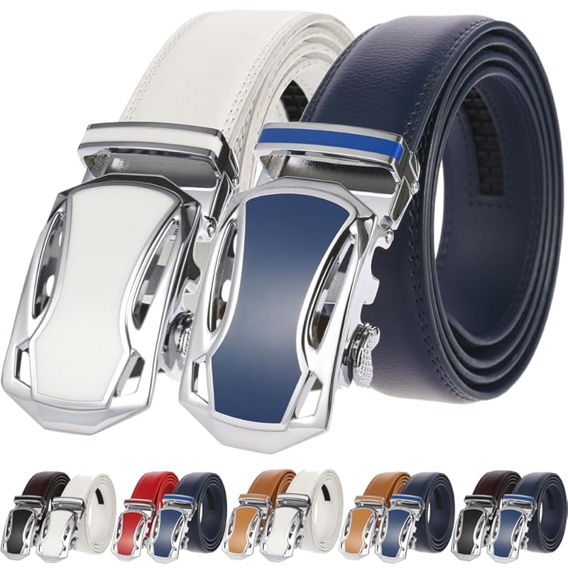 

[yumemono] belt men s Auto lock type Set of 2 No hole leather business casual gentleman golf Longish adjustable length click belt (White x navy)