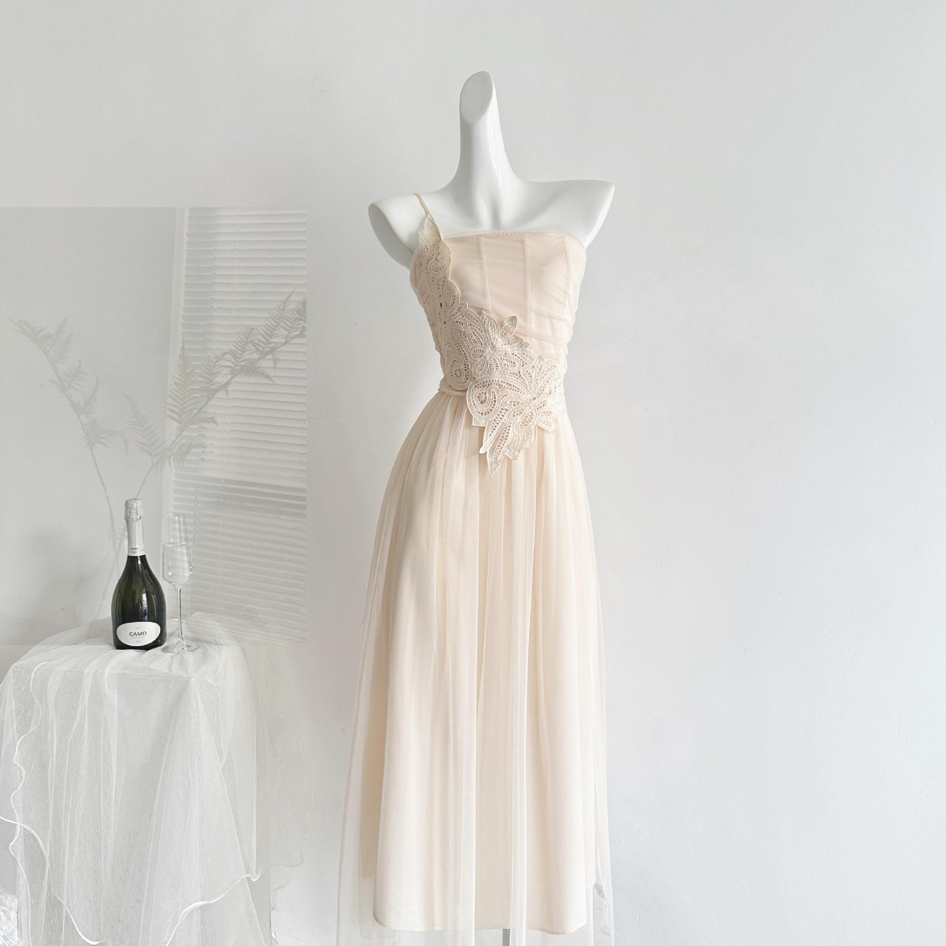 2026 summer new waist thin fish bone splicing mesh yarn long slanted shoulder tube top dress women S