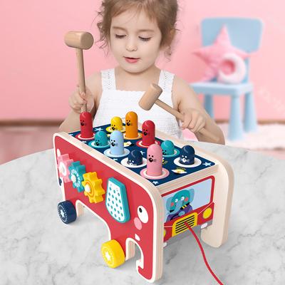 Cartoon Wooden Elephant Hamster Children's Early Education Dragging Car Big Knock Piling Table Training Music Sense Educational Toys