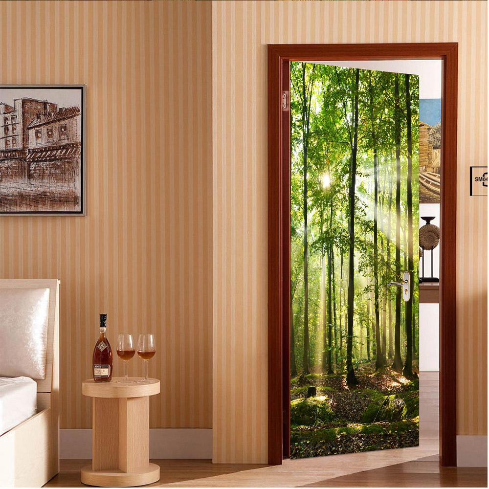 3D nálepka na dveře se vzorem lesa, Vodotěsná Samolepicí Odnímatelná nálepka na dveře, Dekorativní tapeta pro domov