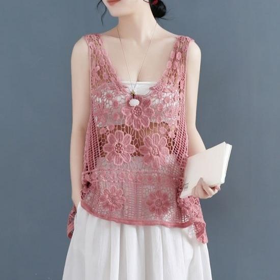 Vintage Women's Lace Vest Summer Thin Jacquard Vest Cotton Black Loose Openwork Embroidered Vest