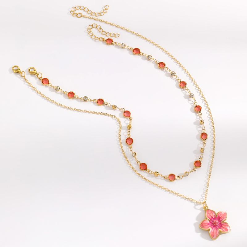 Enamel Drip Oil Flower Double Layered Pendant Necklace for Women Fashion Crystal Bead Y-Shaped Choker Clavicle Chain Jewelry