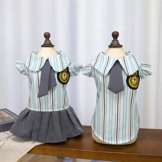 Pet Preppy Dress Shirt Summer Puppy Fly Sleeves Embroidered Badge Tie Striped Dress Top Breathable Pet Costume Outfit Apparel for Small Dogs Cats