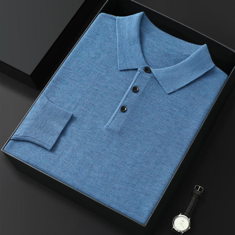 High Quality Worsted Spun Collar Wool Sweater Men's Spring and Autumn Business Polo Sweater Thin Long Sleeved Knitted T-Shirt