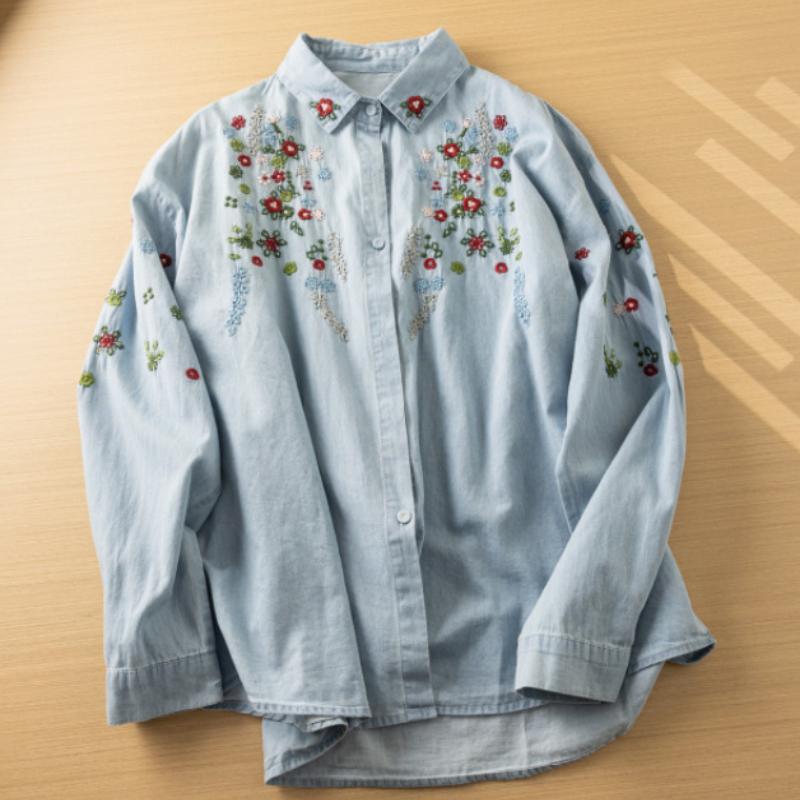 Haftowana koszula z długim rękawem z spranego dżinsu, damska, wiosenna i jesienna, uroczy jednorzędowy kardigan z dżinsu