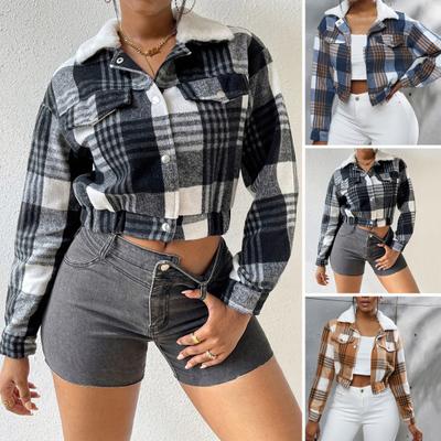 Women Coat Short Type Plaid Print Turn-down Collar Long Sleeves Stretchy Hem Single-breasted Fall Winter Daily Wear Jacket