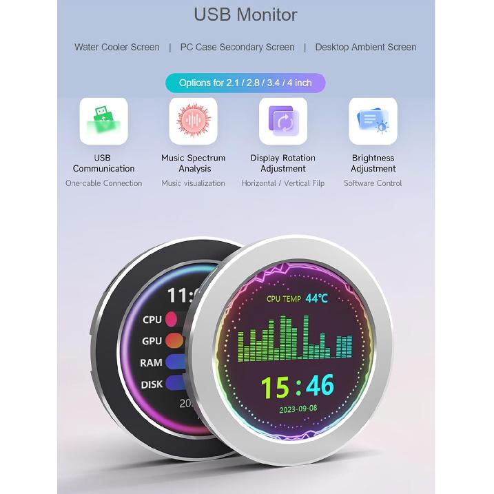 2.1inch USB Monitor 480×480 Pixel-Water Cooler Screen/PC Case Secondary Screen/Desktop RGB Ambient Screen, with Music Spectrum Analysis Function,