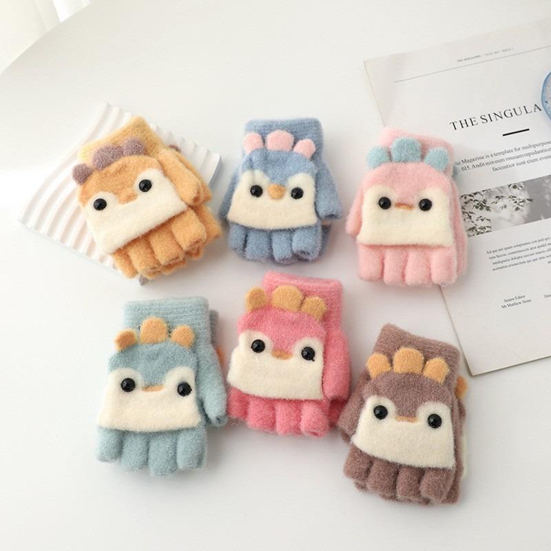 Half finger flip gloves children boys and girls cute cartoon plush warm and cold gloves children's gloves winter