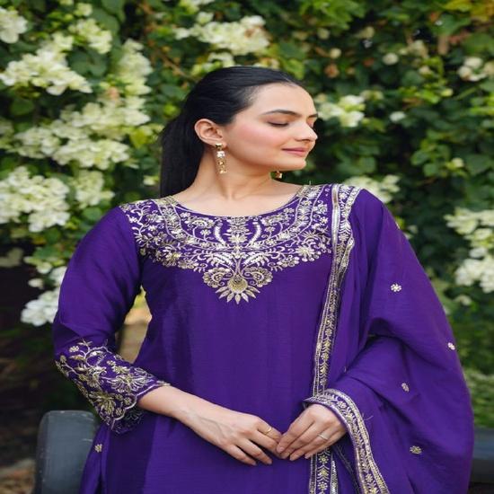 Regal Purple Embroidered Silk Suit with Matching Dupatta