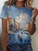 Damen Rundhals Kurzarm T-Shirt Venedig Stadtbild Ölgemälde Gondel Kanal Landschaft Kunstdruck Lässige Sommer Oberteile