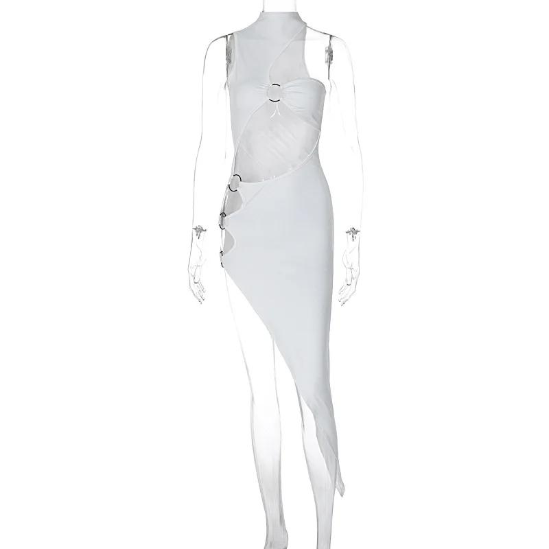 Sexy Hohl Nachtclub Partykleid Weiß Schwarz Damen Ärmellos O-Ring Schlitz Unregelmäßiges Outfit