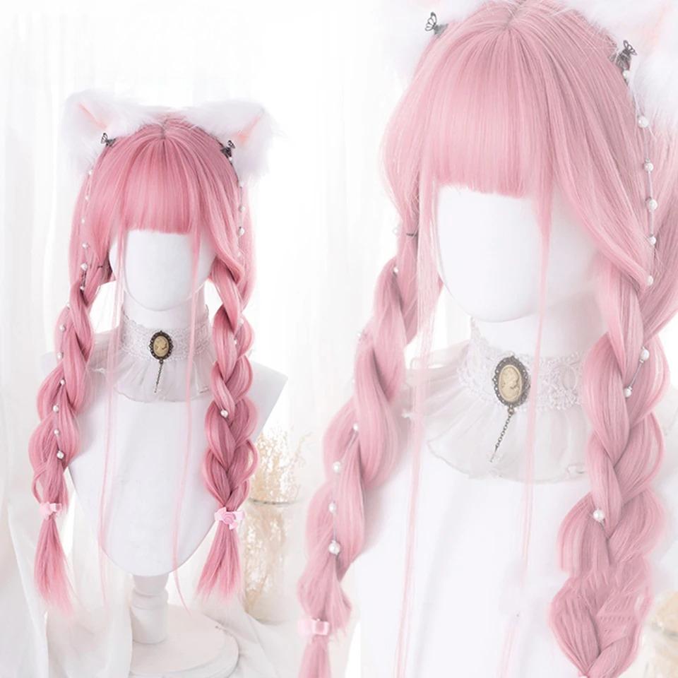 LM Cosplay kahküllü peruk sentetik düz saç 24 inç uzun isıya dayanıklı pembe peruk kadınlar için