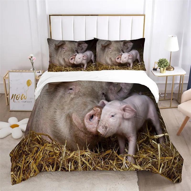 Pig Duvet Cover 3Pcs Lovely Animal Printed Bedding Set Cute Pet Comforter Cover King For Kids Boys Girl Children Bedroom Decor