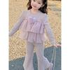 Girls Fashion Two-Piece Set - Spring-Autumn New Style | Tulle Top with Trendy Heart Decorations & Solid Color Sweet Pants for Girls