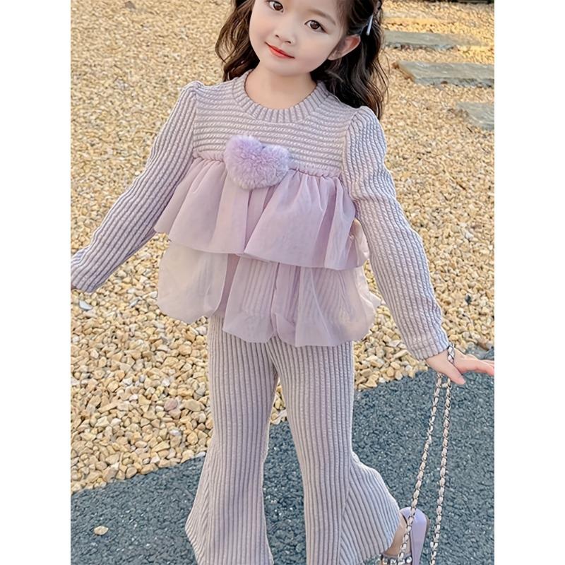 Girls Fashion Two-Piece Set - Spring-Autumn New Style | Tulle Top with Trendy Heart Decorations & Solid Color Sweet Pants for Girls