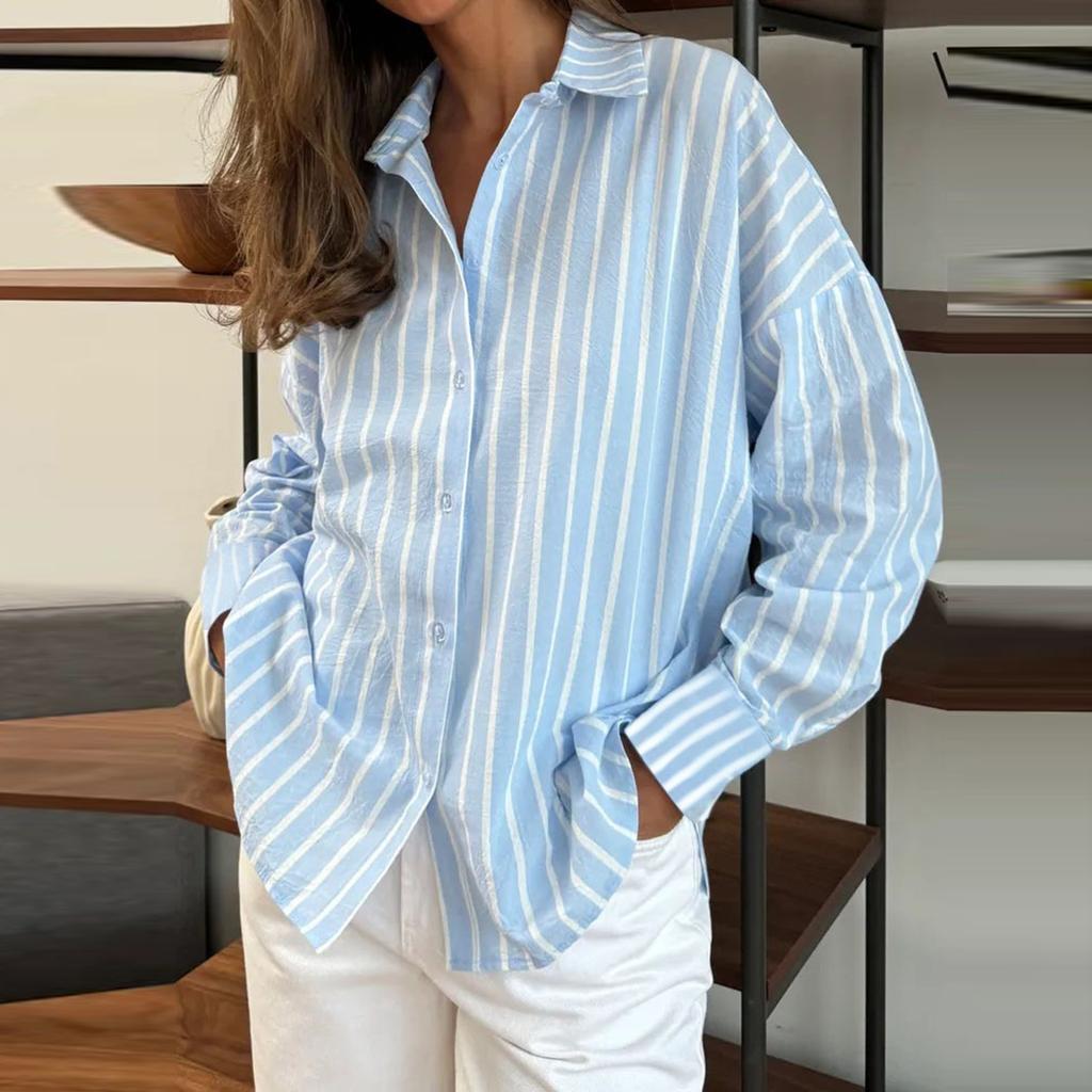 Women's Fashion Casual Striped Cardigan Loose Long Sleeve Shirt T-Shirt Top