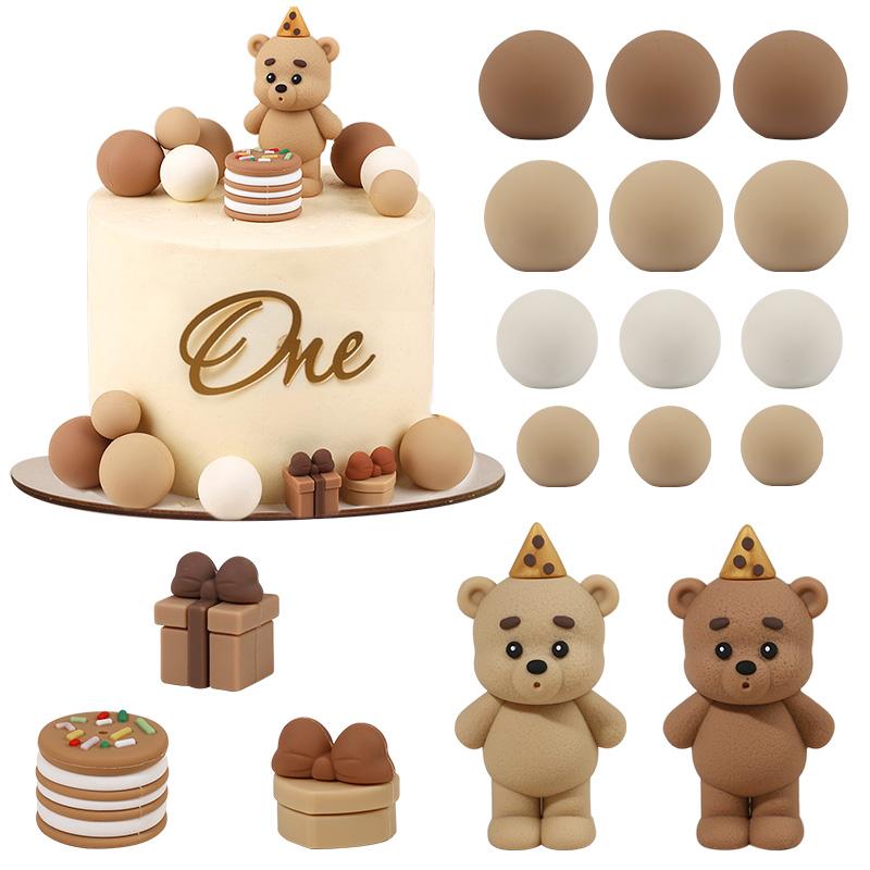 16pcs/set Bear Balls Cake Topper for Kids Boy Girl 1st Birthday Party Decoration INS Style Cake Decor Teddy Theme Baby Shower