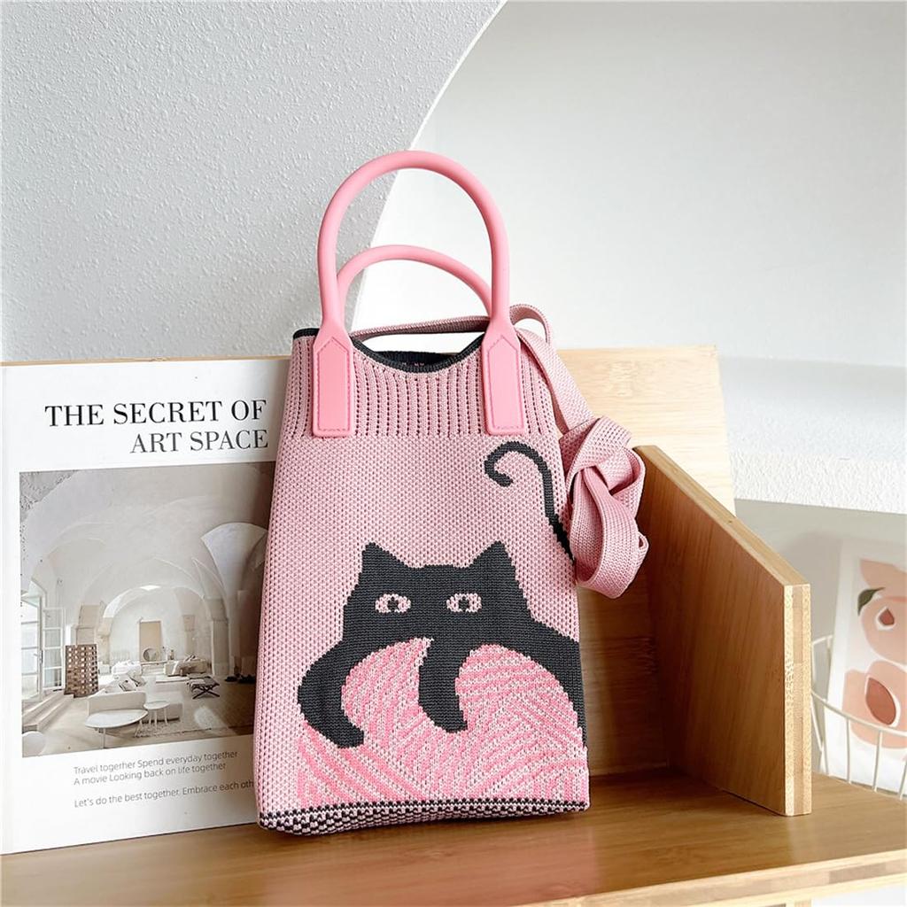 Huimei Women's Knit Smartphone Pouch, Shoulder Bag, Crossbody Phone Pouch, Vertical Knit Wallet Pochette, Cat Print Mini Bag, Cute, Lightweight