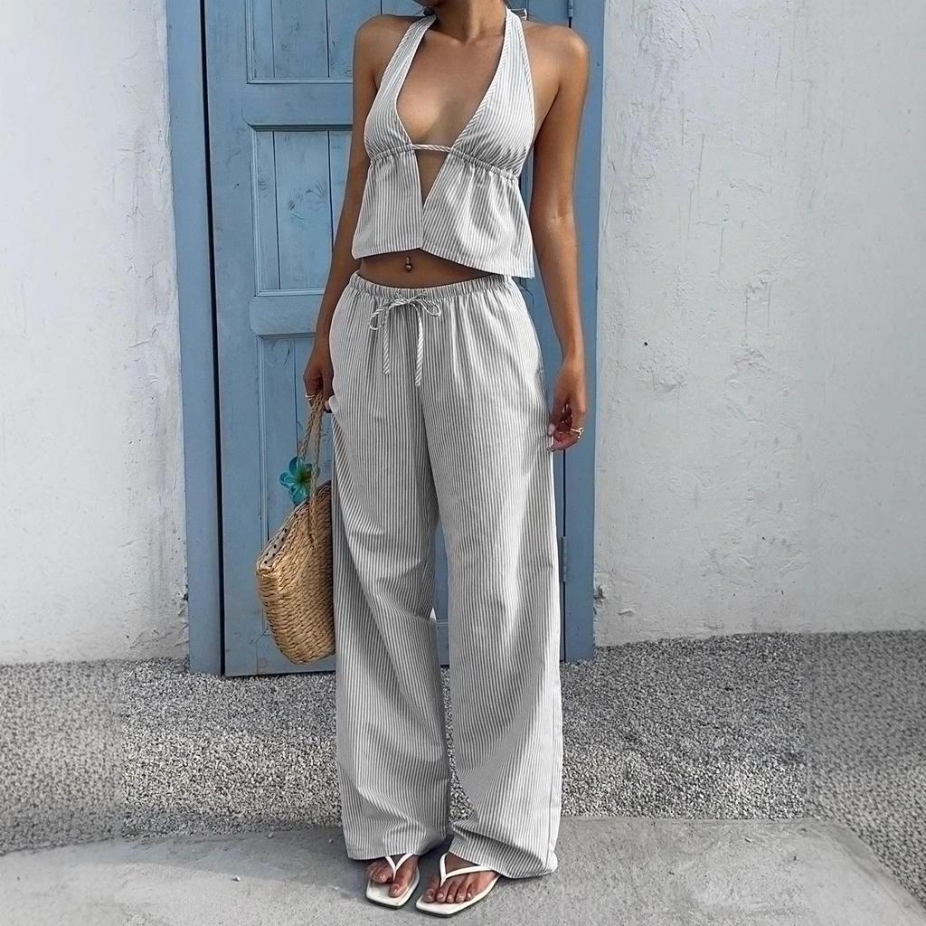 2026 Cross-Border Summer Striped V-Neck Vest & Straight-Leg Pants Set