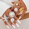 Vintage Gold Color Imitation Pearl Flower Open Rings For Women Exaggerated Metal Irregular Geometric Finger Rings Jewelry