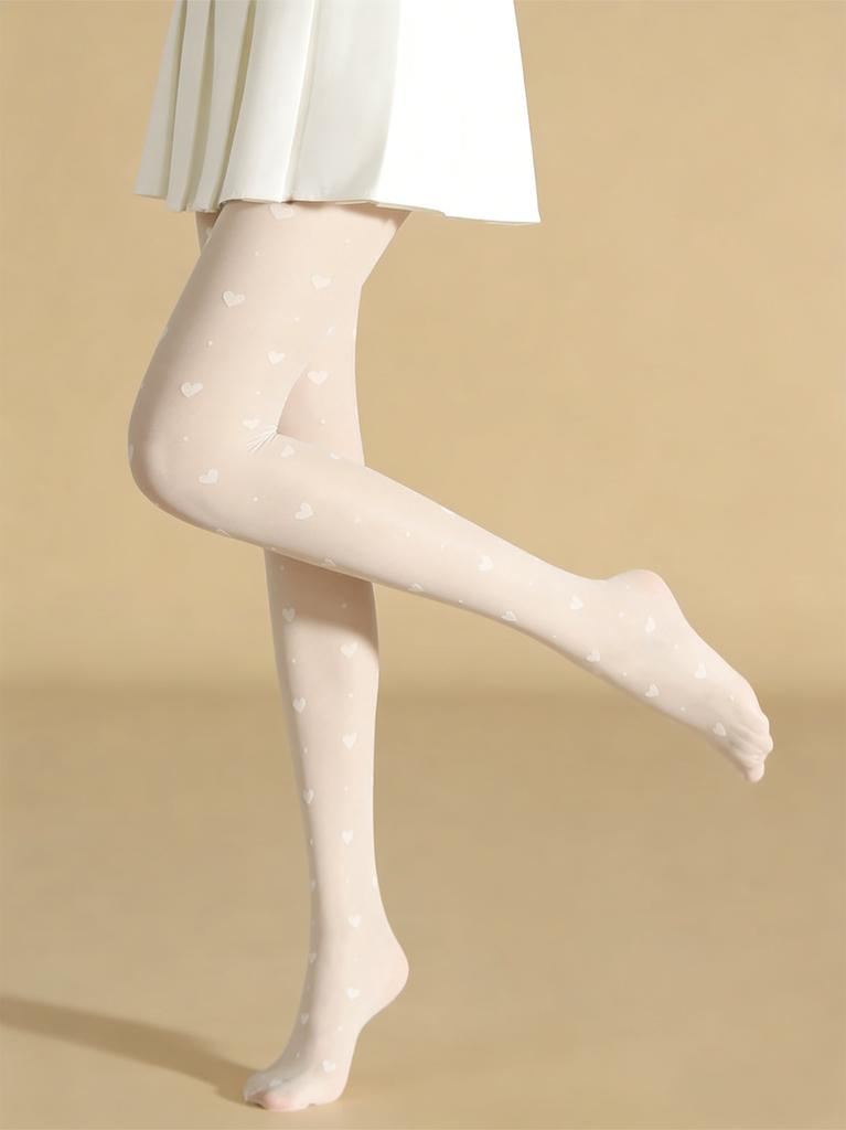 1 Pair Women White Heart Print Sheer Stretchy Cute Tights Lolita Style Spring