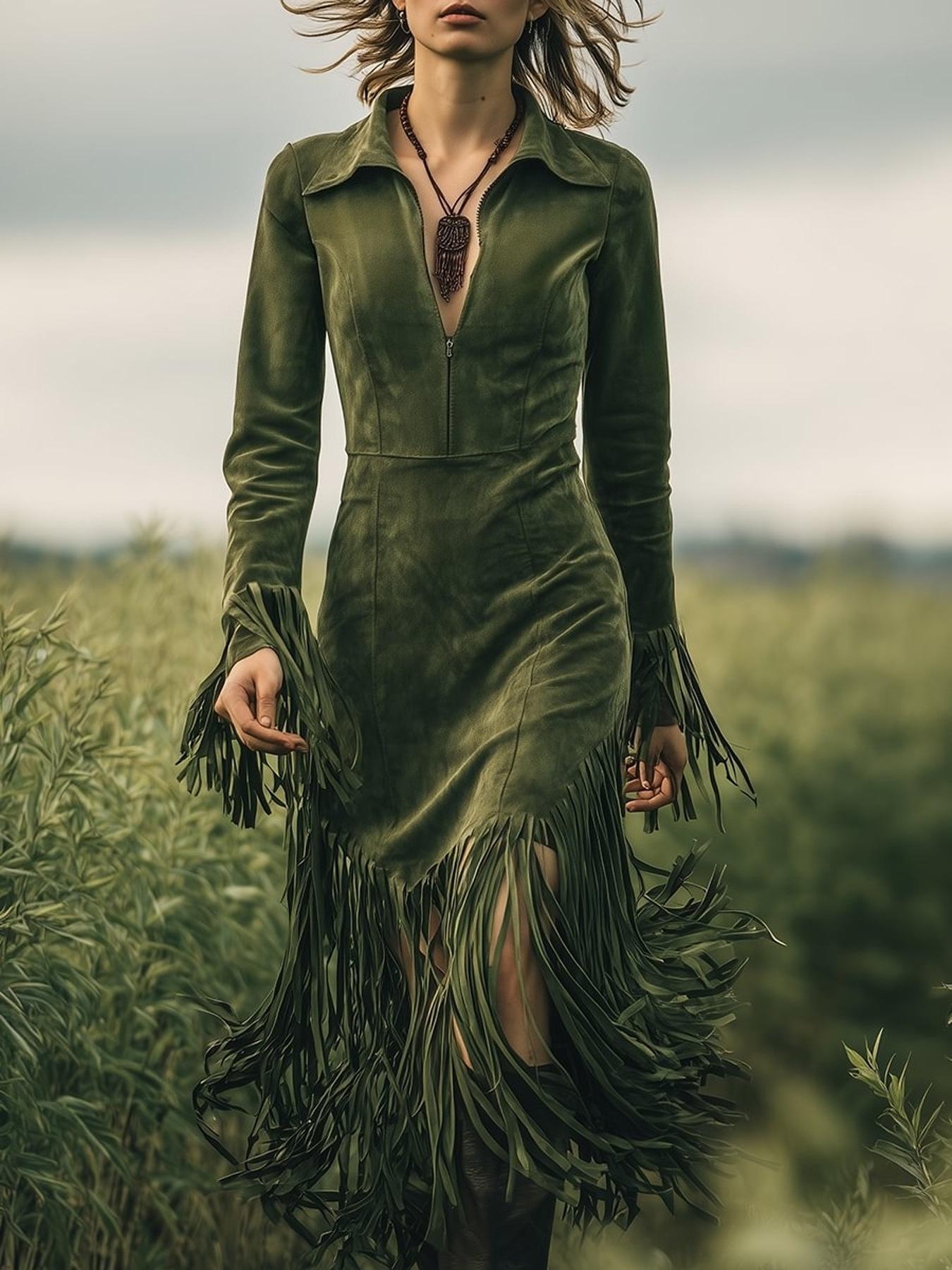 Cross-Border Western Suede Tassel Slim Long Sleeve Dress - 2025 Style S