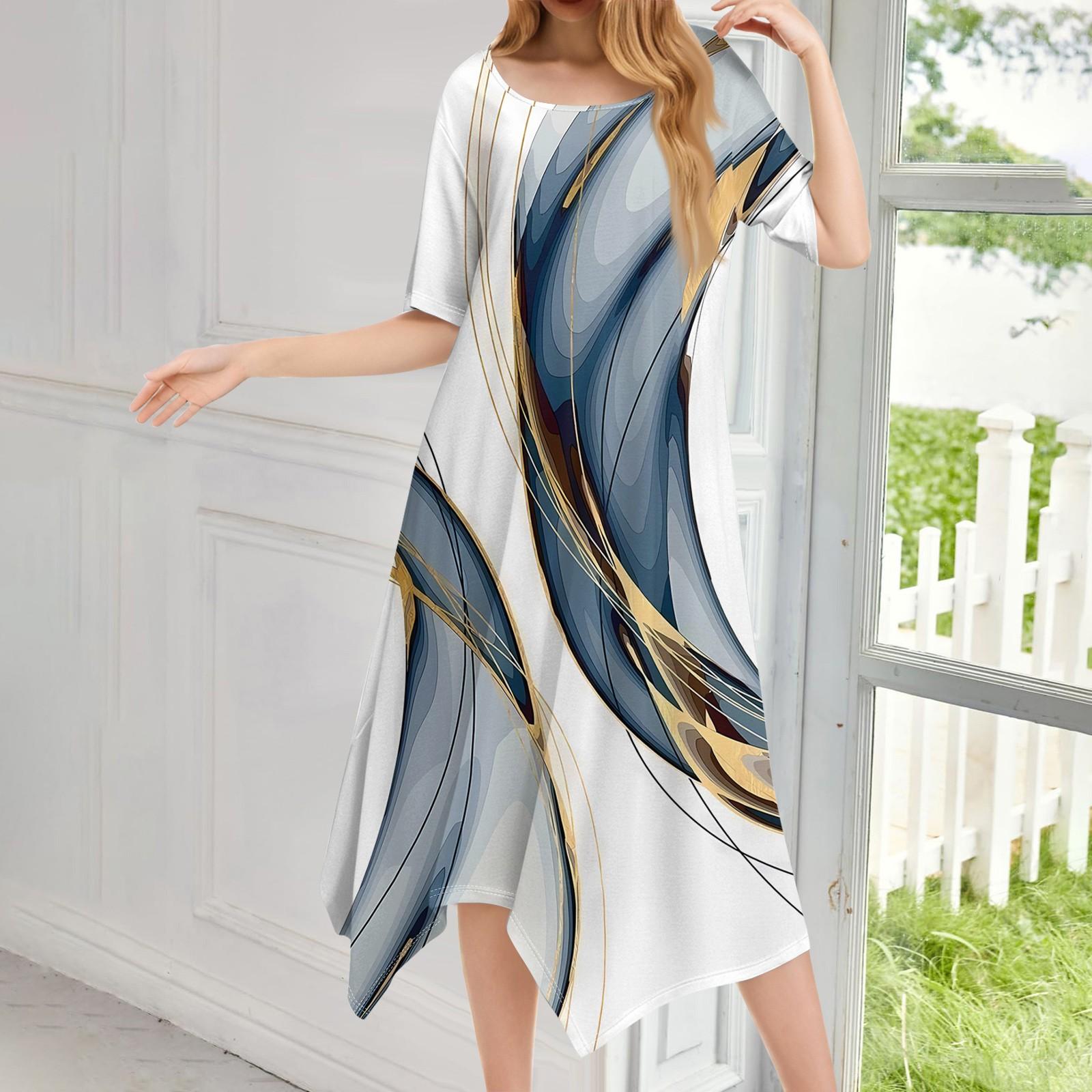 

Женское повседневное модное платье миди с круглым вырезом и коротким рукавом с принтом и неровным подолом XXL серебряный