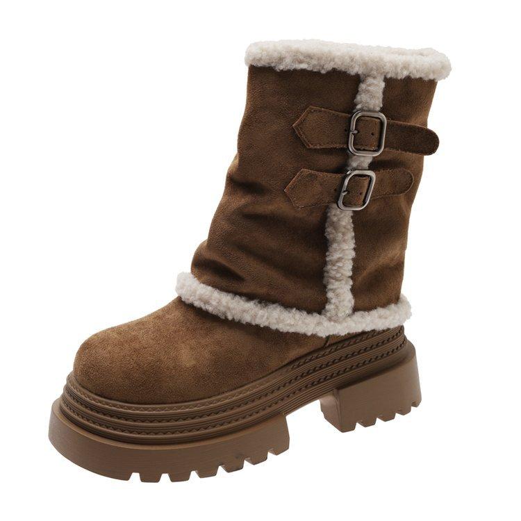 Thick-soled medium tube snow boots women's 2025 new winter new Northeast integrated plush warm thickened fluffy cotton shoes