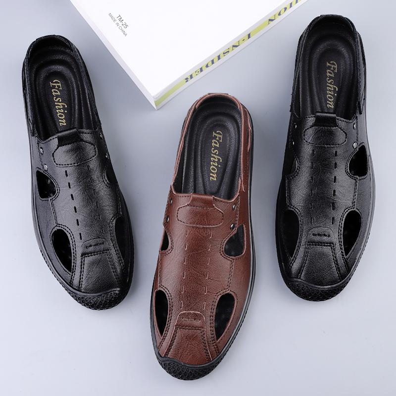 Fashionable New Men's Breathable Hollow Lightweight Casual Leather Shoes Outdoor Men Comfortable Soft Soled Non Slip Beach Shoes