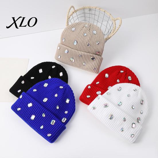 Music Festival Punk Style Cap Bling Rhinestone Knitted Hat, Street Knit Winter Sparkly Geometric Hat Warm Skull for Women Autumn Fashion Accessories