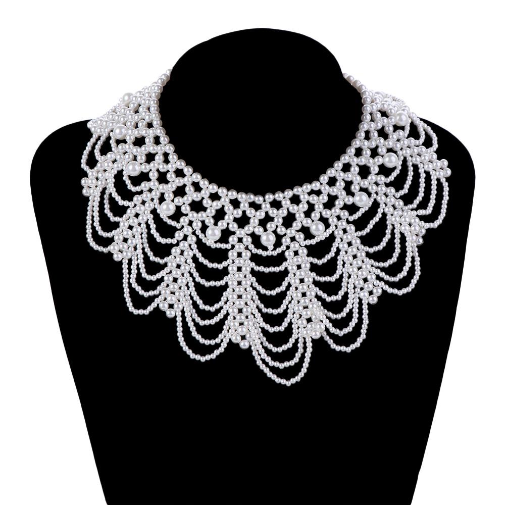 Bohemian Style Multi-layered Pearl Necklace Beaded Lace Trim Collar Women's Clavicle Chain  Wedding