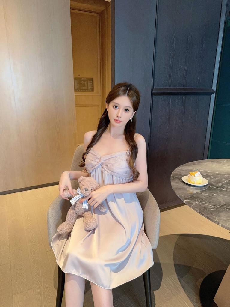 Sexy suspender pajamas women's silk with chest pad summer suspender ice silk lace pure desire style new nightdress