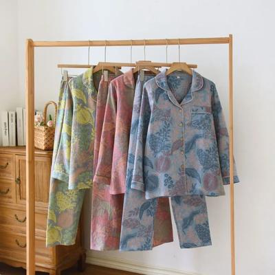 Pijama Retro de Manga Larga y Pantalón para Mujer Jacquard de Doble Cara Doble Capa Hilo de Algodón Pijamas Cuello Mao Ropa de Dormir